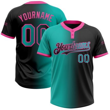Personalized Aqua Pink Gradient Softball Jersey Unisex Two-Button Fashion Personalized Black Aqua-Pink Gradient Fashion Two-Button