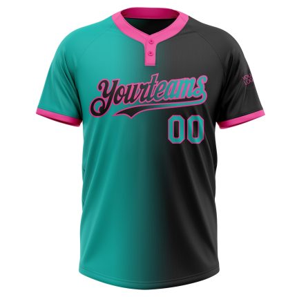 Personalized Aqua Pink Gradient Softball Jersey Unisex Two-Button Fashion Personalized Black Aqua-Pink Gradient Fashion Two-Button