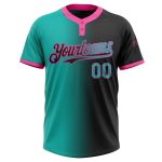 Custom black, aqua and pink gradient fade softball jersey, back view