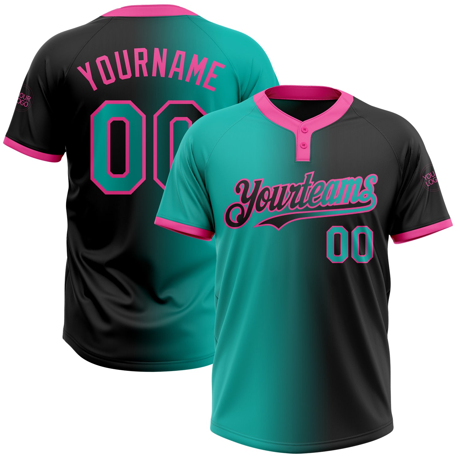 Custom Unisex Softball Jersey Black Aqua-Pink Gradient Two-Button with Name and Number Personalized Black Aqua-Pink Gradient