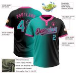 Custom black, aqua and pink gradient fade softball jersey, detail of the printed panel