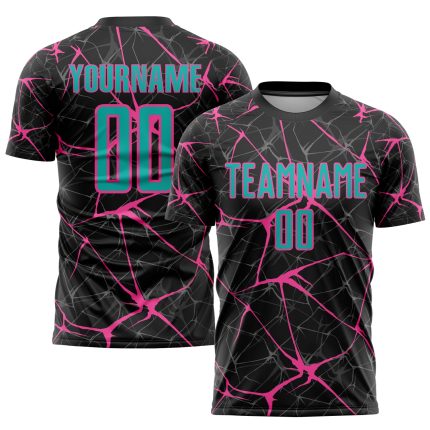 Personalized Aqua-Pink Black Sublimation Soccer Jersey Uniform Personalized Black Aqua-Pink Sublimation Soccer Uniform Jersey