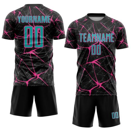 Personalized Aqua-Pink Black Sublimation Soccer Jersey Uniform Personalized Black Aqua-Pink Sublimation Soccer Uniform Jersey