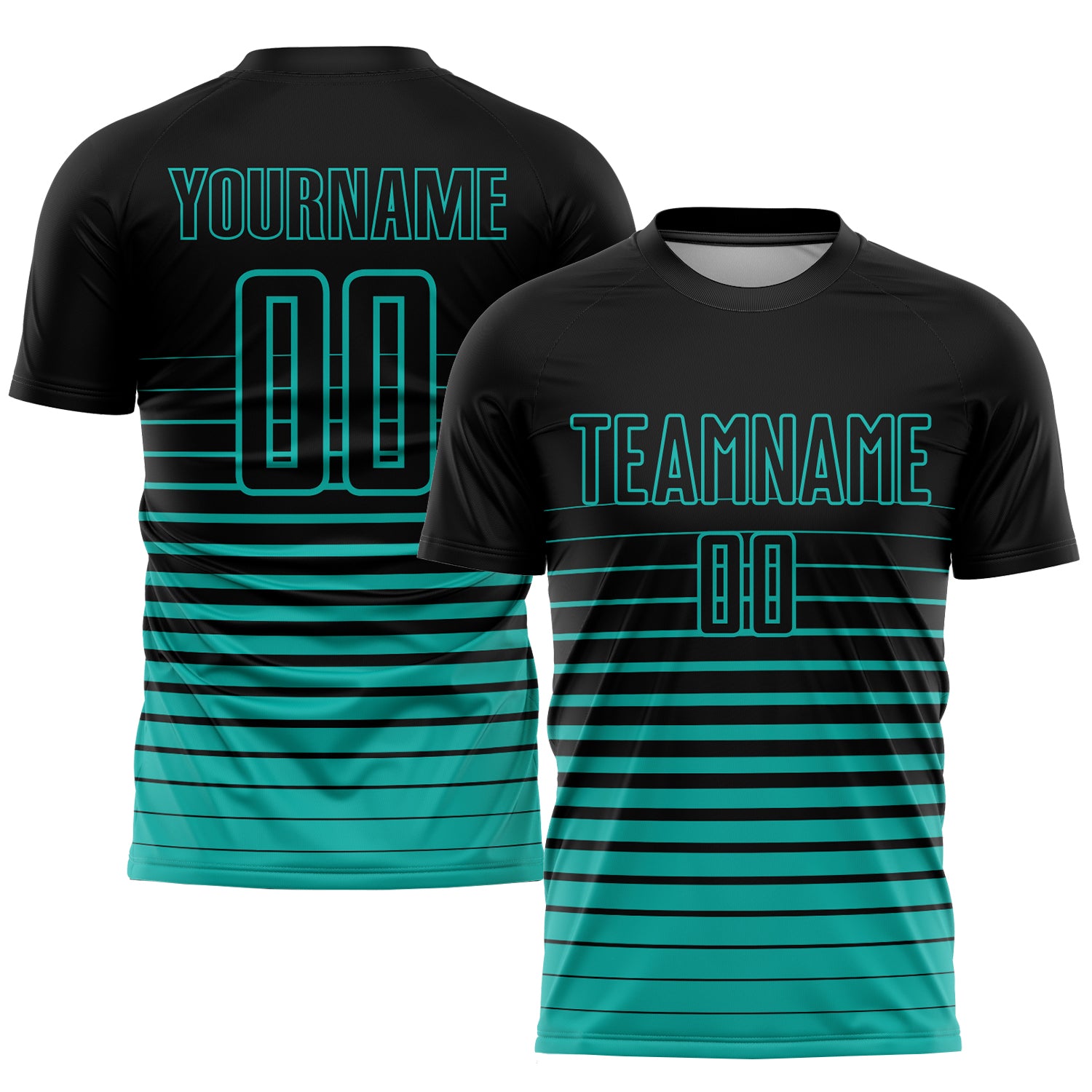 Personalized Black Aqua Pinstripe Soccer Jersey - Fade Fashion Sublimation Uniform Personalized Black Aqua Pinstripe Fade