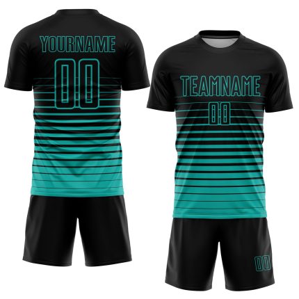 Personalized Black Aqua Pinstripe Soccer Jersey - Fade Fashion Sublimation Uniform Personalized Black Aqua Pinstripe Fade