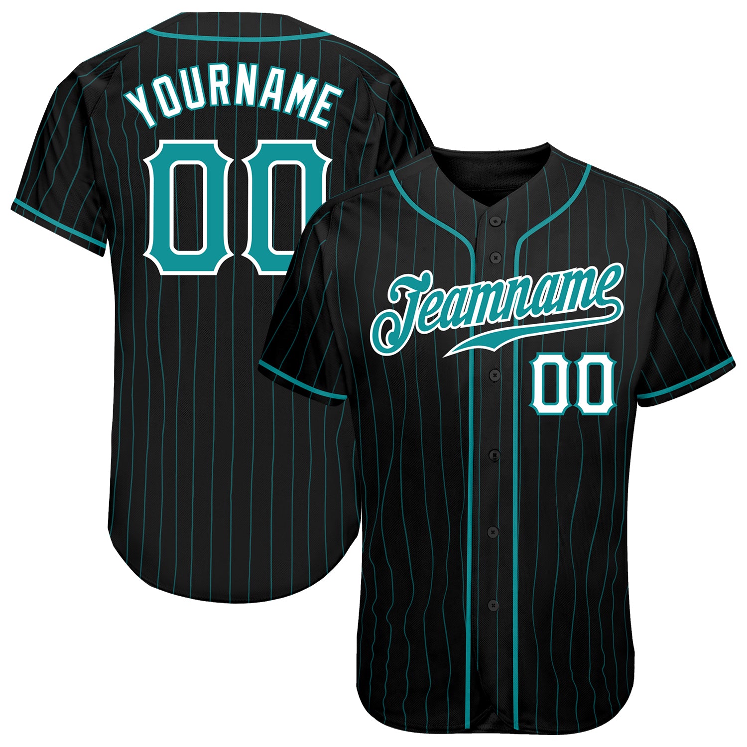 Personalized Black Pinstripe Baseball Jersey with Teal and White Accents Personalized Black Aqua Pinstripe Teal-White Baseball