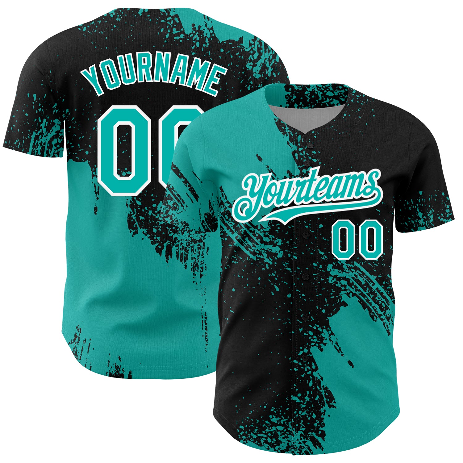 Personalized 3D Abstract Brush Stroke Baseball Jersey in Black Aqua-White Personalized Black Aqua-White 3D Abstract Brush