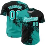 Custom Name and Number 3D Pattern Baseball Jersey - Black Aqua-White Abstract Brush Stroke Design Personalized Black Aqua-White
