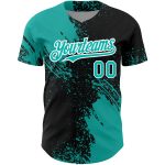 Custom Name and Number 3D Pattern Baseball Jersey - Black Aqua-White Abstract Brush Stroke Design Personalized Black Aqua-White