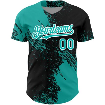 Custom Name and Number 3D Pattern Baseball Jersey - Black Aqua-White Abstract Brush Stroke Design Personalized Black Aqua-White