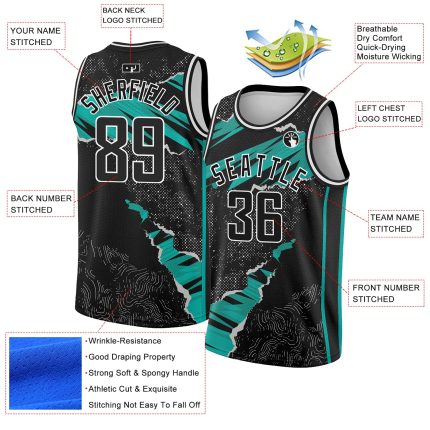 Custom Basketball Jersey with 3D Torn Paper Design - Personalized Black Aqua-White Team Name and Number Personalized Black