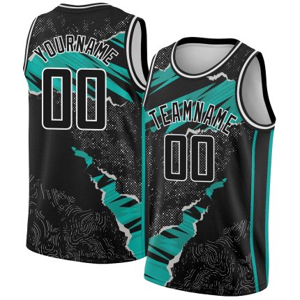 Custom Basketball Jersey with 3D Torn Paper Design - Personalized Black Aqua-White Team Name and Number Personalized Black