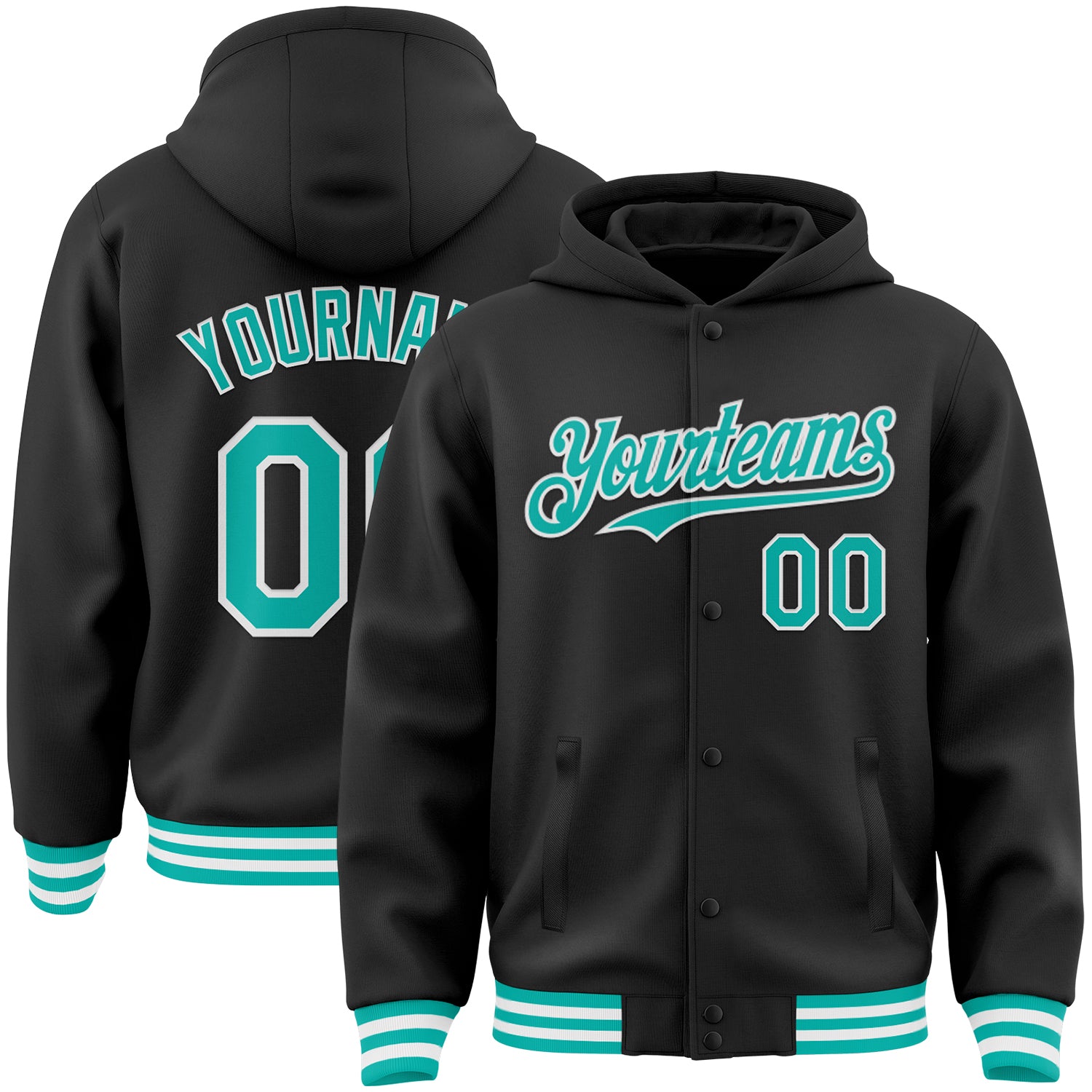 Custom Team Name Number Bomber Hoodie Jacket Personalized Black Aqua White Full-Snap Varsity Letterman Personalized Black