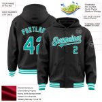 Custom Team Name Number Bomber Hoodie Jacket Personalized Black Aqua White Full-Snap Varsity Letterman Personalized Black
