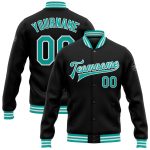 Personalized Varsity Letterman Jacket Black Aqua-White Full-Snap Bomber 2 Personalized Black Aqua-White Bomber Full-Snap