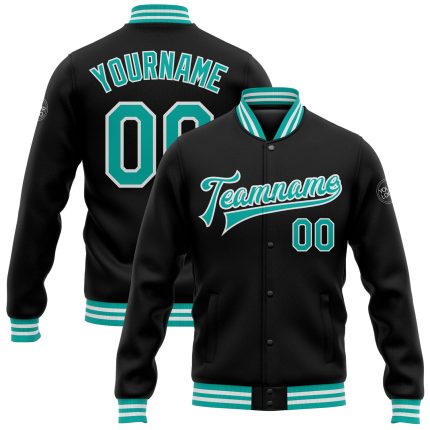 Personalized Varsity Letterman Jacket Black Aqua-White Full-Snap Bomber 2 Personalized Black Aqua-White Bomber Full-Snap