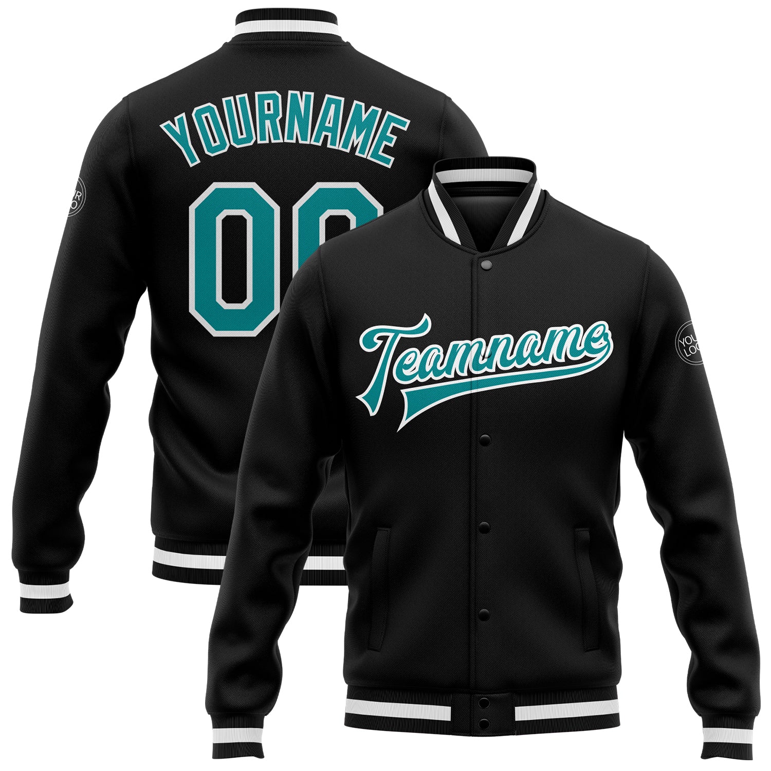 Custom Name Number Black Aqua White Bomber Varsity Letterman Jacket Personalized Full-Snap Design Personalized Black Aqua-White