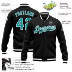 Custom Name Number Black Aqua White Bomber Varsity Letterman Jacket Personalized Full-Snap Design Personalized Black Aqua-White