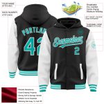 Custom Name and Number Two Tone Bomber Hoodie Jacket - Personalized Black Aqua White Varsity Letterman Full-Snap Personalized