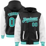 Custom Name and Number Two Tone Bomber Hoodie Jacket - Personalized Black Aqua White Varsity Letterman Full-Snap Personalized