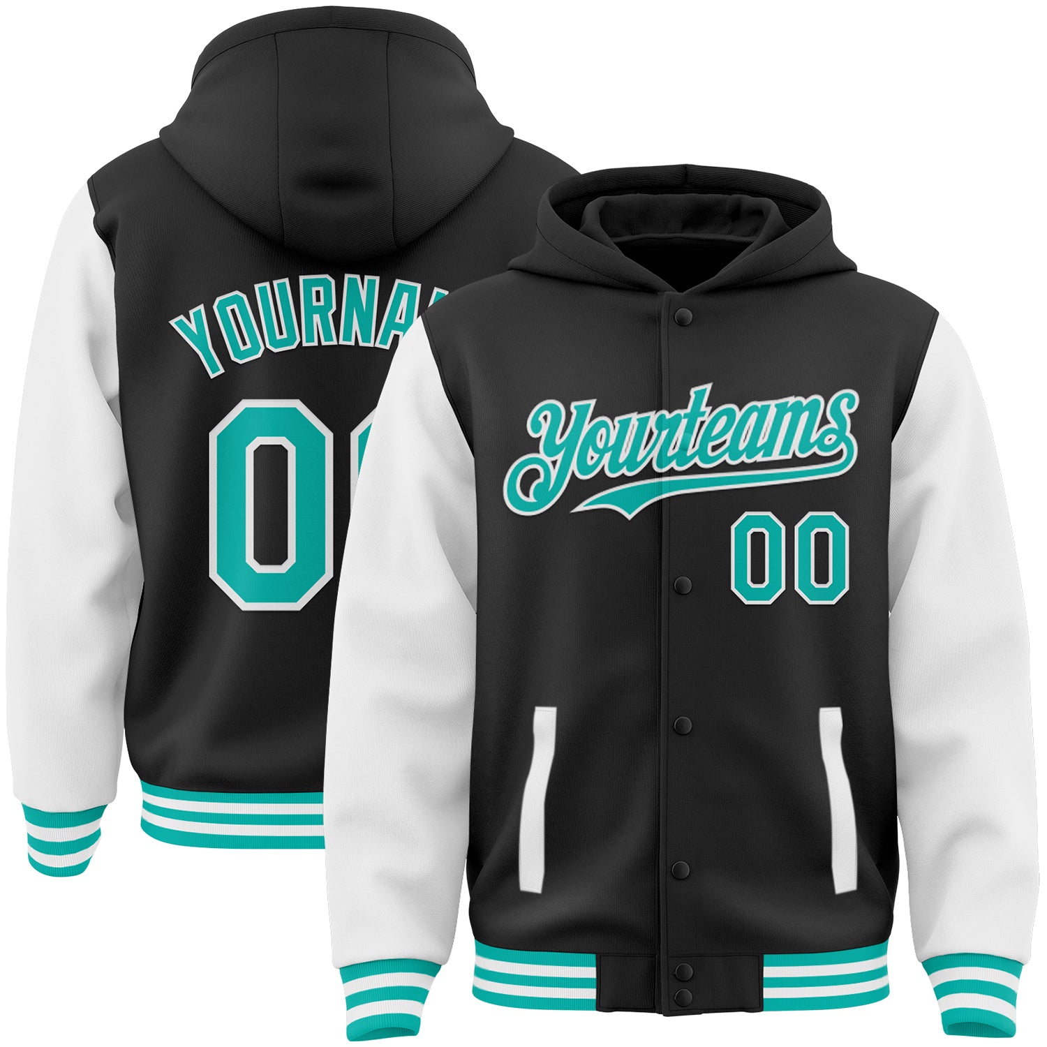 Custom Name and Number Two Tone Bomber Hoodie Jacket - Personalized Black Aqua White Varsity Letterman Full-Snap Personalized