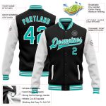 Personalized Black Aqua White Varsity Letterman Bomber Jacket Full-Snap Two Tone Personalized Black Aqua-White Bomber Full-Snap