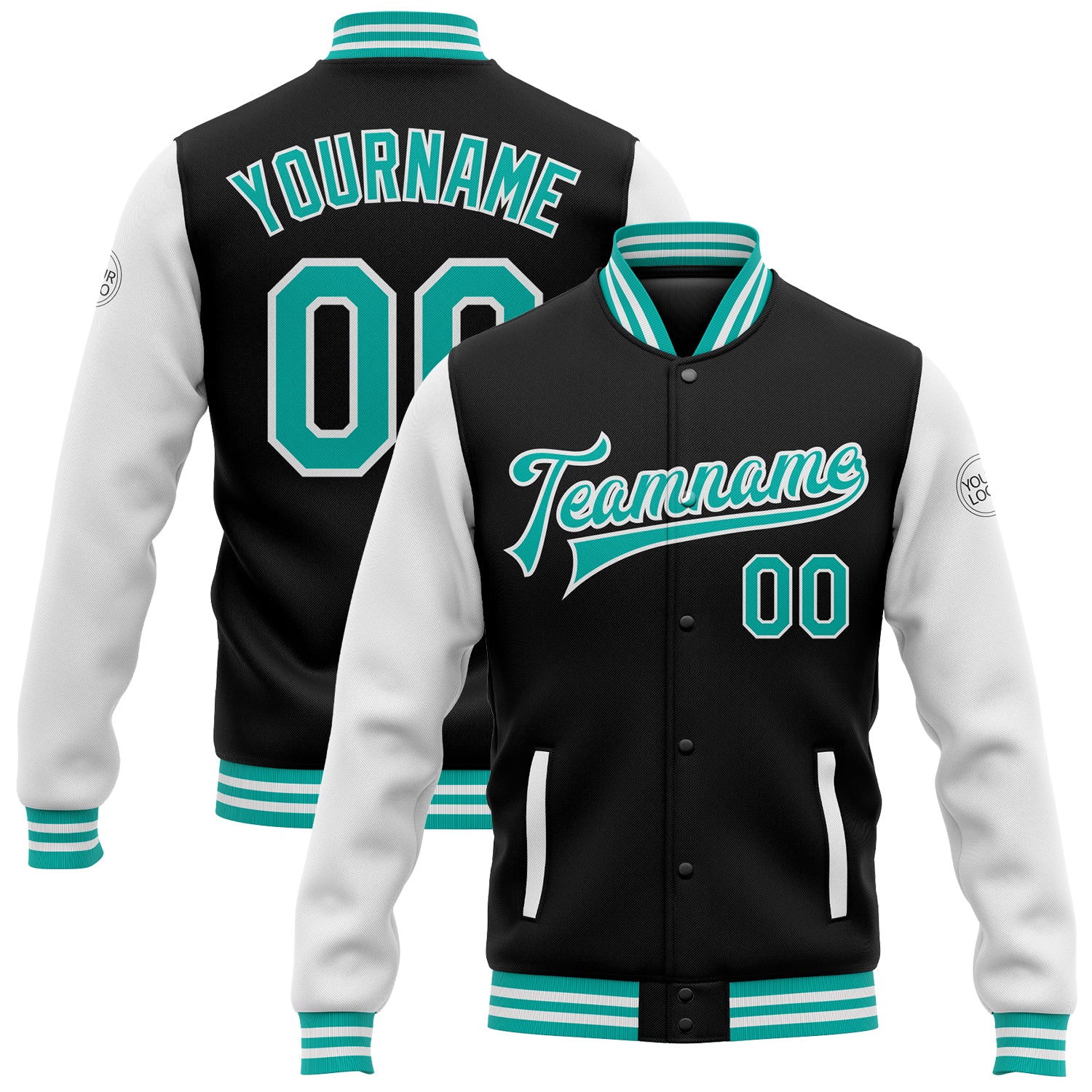 Custom Team Name and Number Black Aqua White Full-Snap Varsity Bomber Jacket Two Tone Letterman Personalized Black Aqua-White