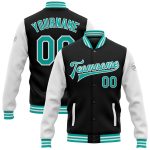 Personalized Black Aqua White Varsity Letterman Bomber Jacket Full-Snap Two Tone Personalized Black Aqua-White Bomber Full-Snap