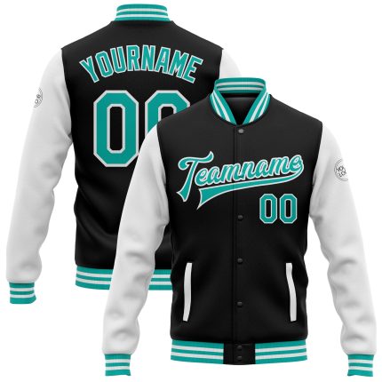 Personalized Black Aqua White Varsity Letterman Bomber Jacket Full-Snap Two Tone Personalized Black Aqua-White Bomber Full-Snap