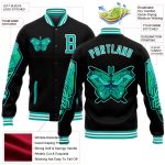 Personalized Black White 3D Butterfly Varsity Letterman Jacket Bomber Full-Snap Personalized Black Aqua-White Butterfly 3D