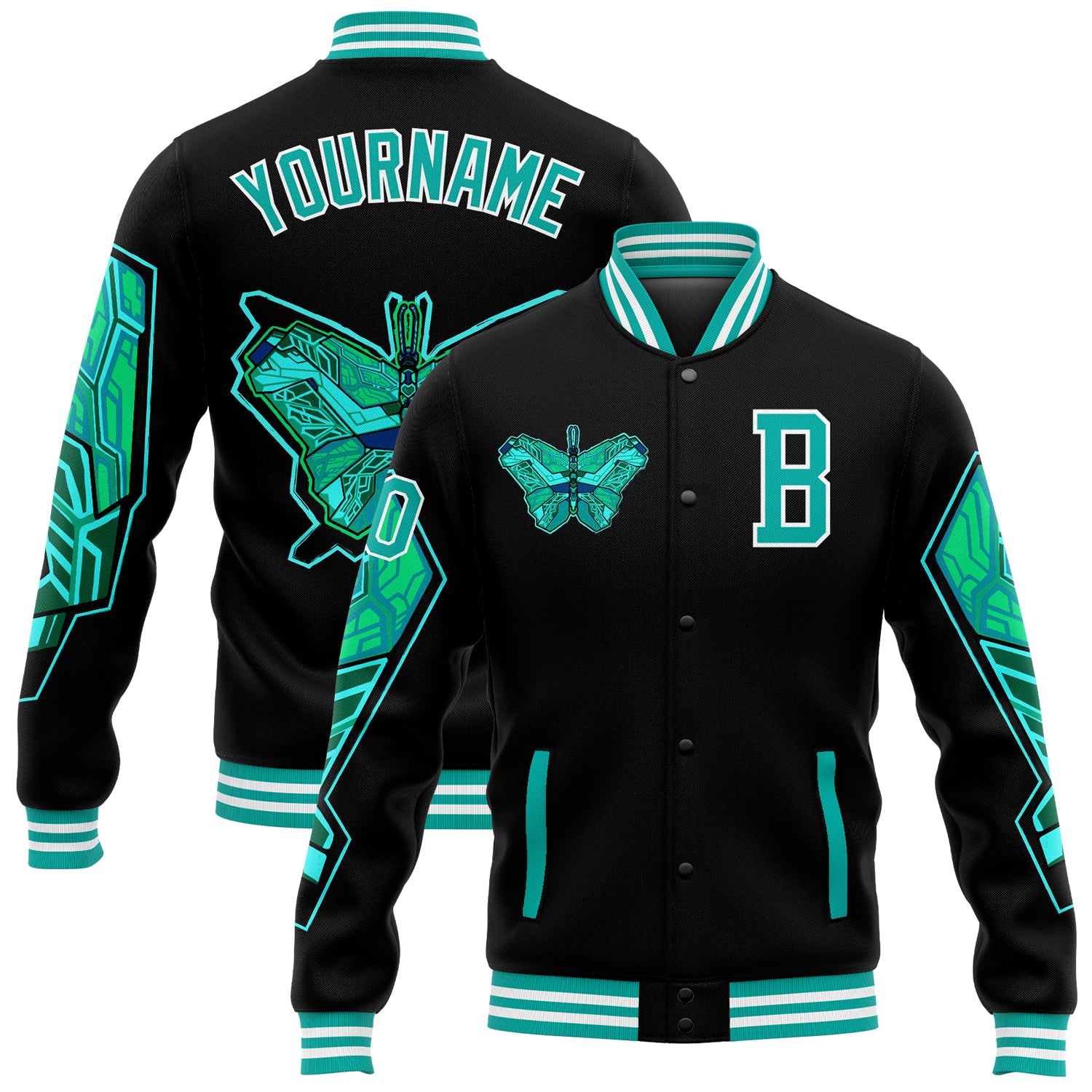Custom Name Number Black Aqua White Butterfly 3D Pattern Varsity Letterman Bomber Full-Snap Jacket Personalized Black Aqua-White