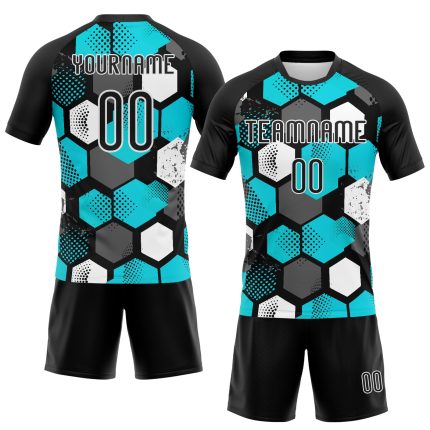 Personalized Black Aqua White Geometric Volleyball Uniform Jersey for Sublimation Personalized Black Aqua-White Geometric