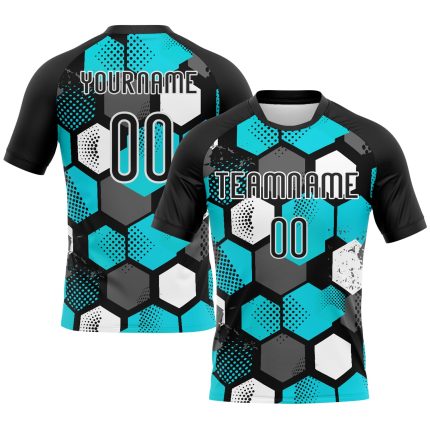 Personalized Black Aqua White Geometric Volleyball Uniform Jersey for Sublimation Personalized Black Aqua-White Geometric