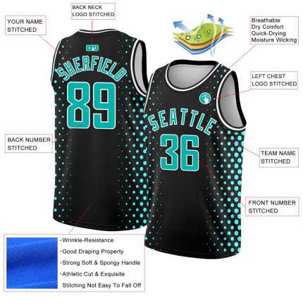 Personalized Black Aqua White Basketball Jersey - Halftone City Edition Personalized Black Aqua-White Halftone City Edition
