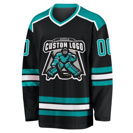 Personalized Hockey Jersey in Black Aqua and White - Customizable Team Apparel Personalized Black Aqua-White Hockey Jersey