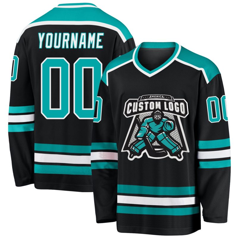Custom Name and Number Personalized Black Aqua-White Hockey Jersey for Teams Personalized Black Aqua-White Hockey Jersey