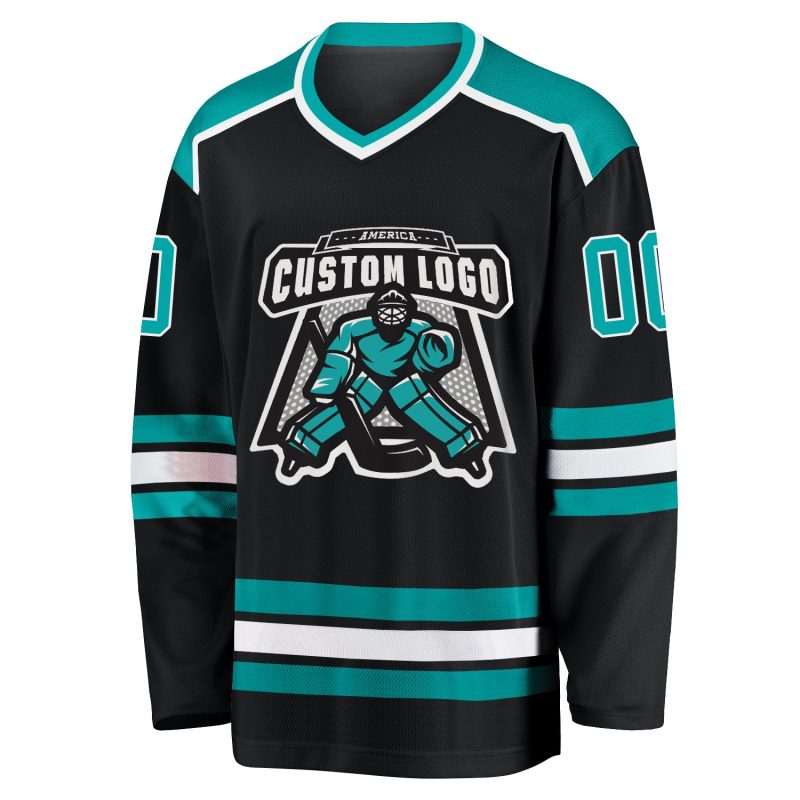 Custom Name and Number Personalized Black Aqua-White Hockey Jersey for Teams Personalized Black Aqua-White Hockey Jersey