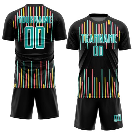 Personalized Soccer Jersey - Black Aqua-White Lines Sublimation Uniform Personalized Black Aqua-White Lines Sublimation Soccer