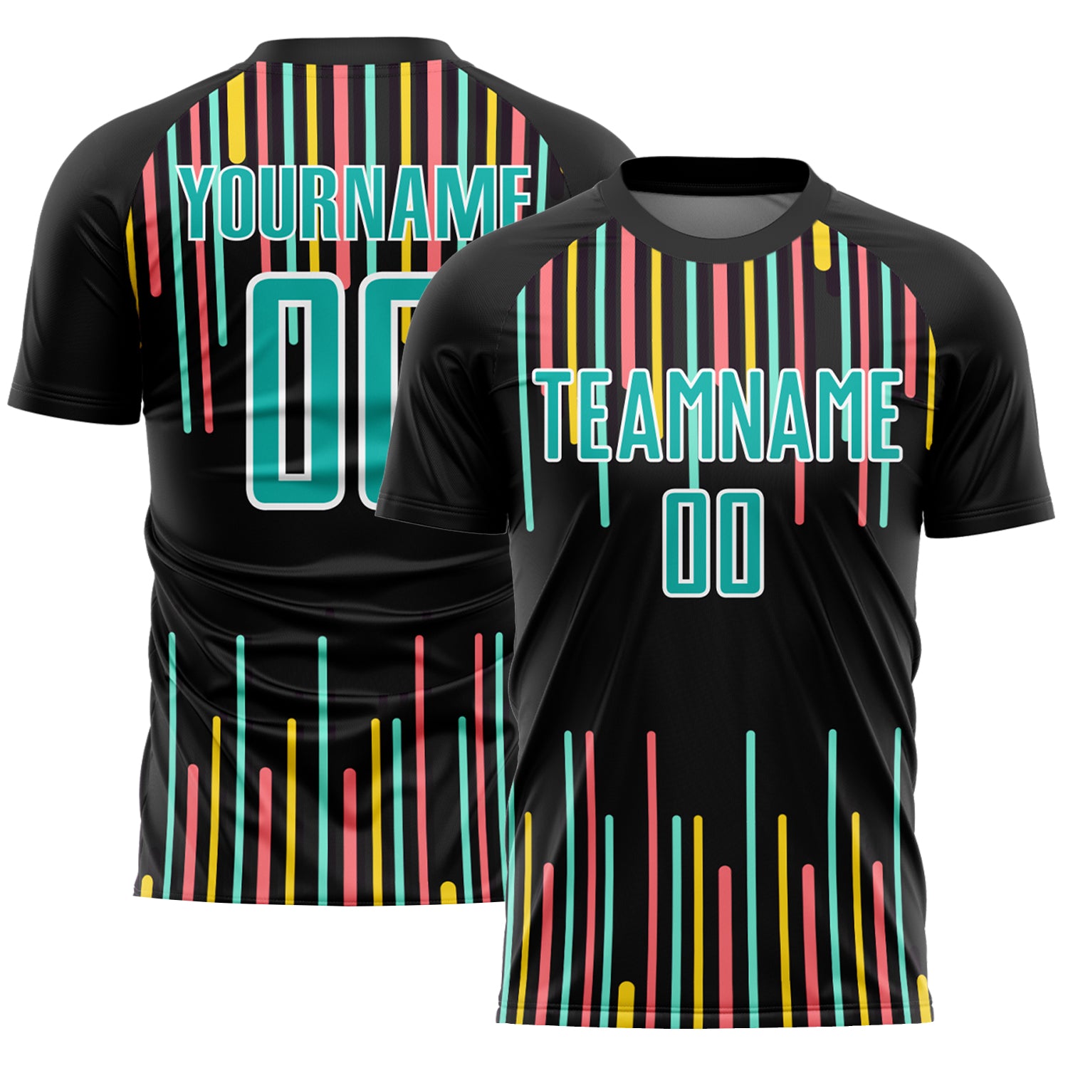 Custom Name and Number Soccer Jersey - Personalized Black Aqua-White Lines Uniform Personalized Black Aqua-White Lines Sublimation