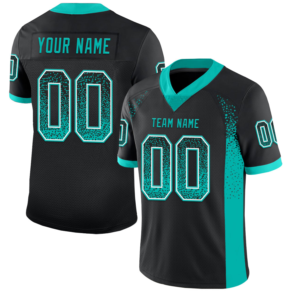 Personalized Black Aqua White Drift Fashion Football Jersey for Men Personalized Black Aqua-White Mesh Drift Fashion Football