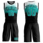 Personalized Round Neck Basketball Jersey Suit in Black Aqua-White, Sublimation Design, Mens Womens Sportswear Personalized