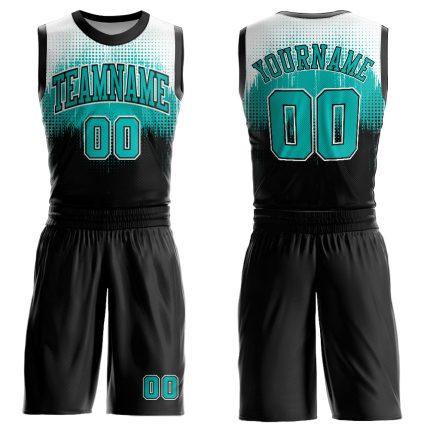 Personalized Round Neck Basketball Jersey Suit in Black Aqua-White, Sublimation Design, Mens Womens Sportswear Personalized