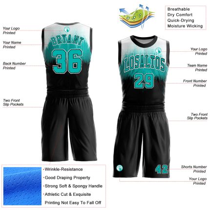 Personalized Round Neck Basketball Jersey Suit in Black Aqua-White, Sublimation Design, Mens Womens Sportswear Personalized