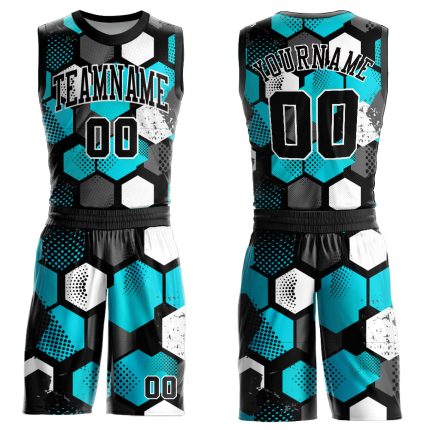 Personalized Black Basketball Jersey Aqua-White Round Neck Sublimation Suit Personalized Black Aqua-White Round Neck Sublimation