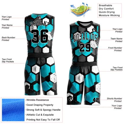 Personalized Black Basketball Jersey Aqua-White Round Neck Sublimation Suit Personalized Black Aqua-White Round Neck Sublimation