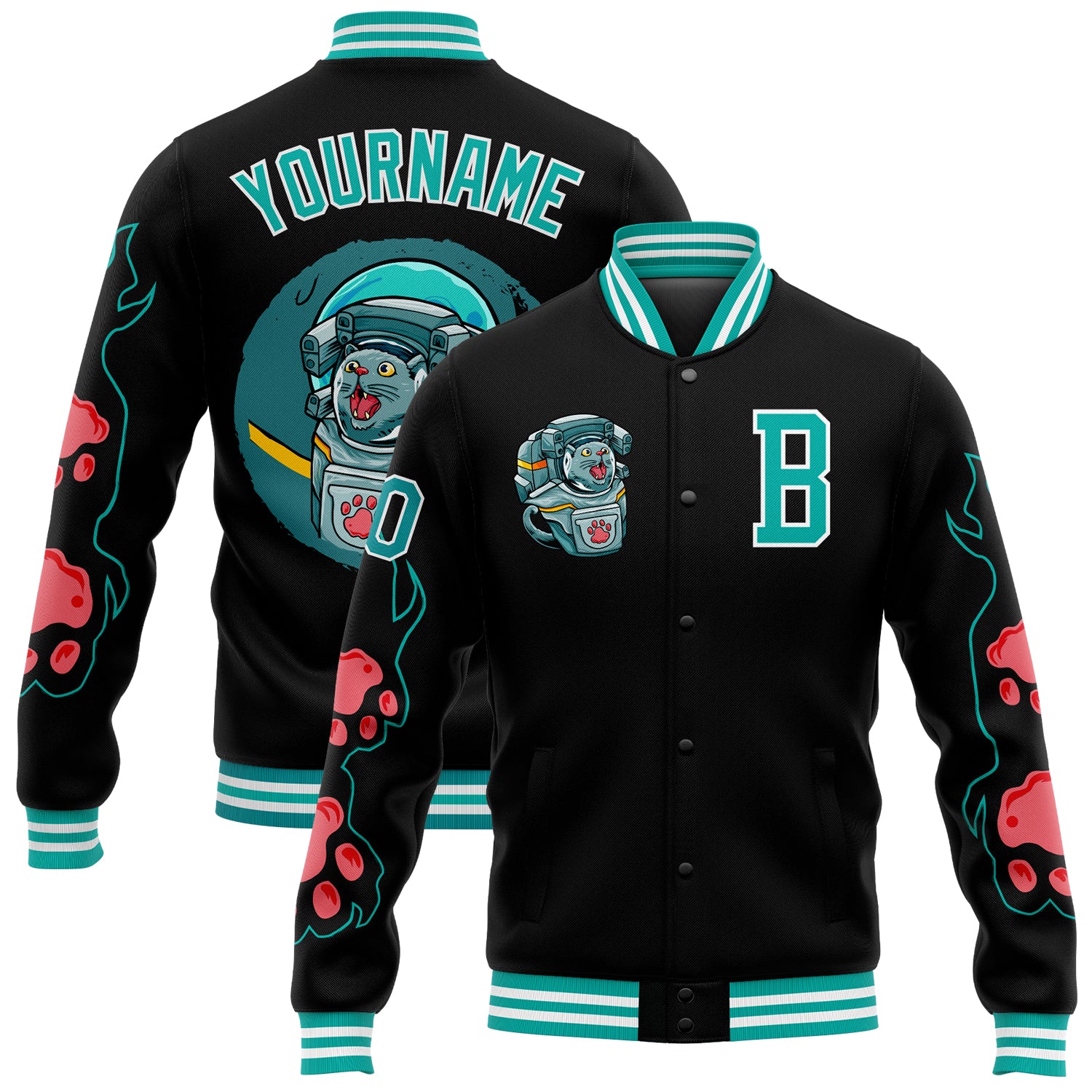 Personalized Cat 3D Varsity Letterman Jacket Black Aqua-White Full-Snap Bomber Personalized Black Aqua-White Seated Cat 3D