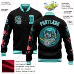Personalized Cat 3D Varsity Letterman Jacket Black Aqua-White Full-Snap Bomber Personalized Black Aqua-White Seated Cat 3D