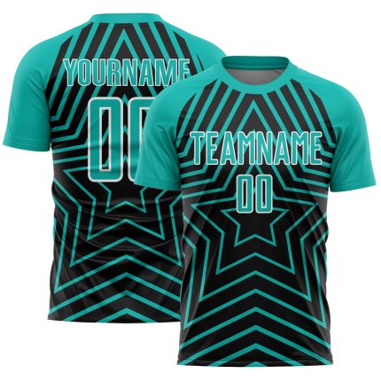 Personalized Black Aqua White Stars Soccer Jersey Uniform - Custom Sublimation Design Personalized Black Aqua-White Stars