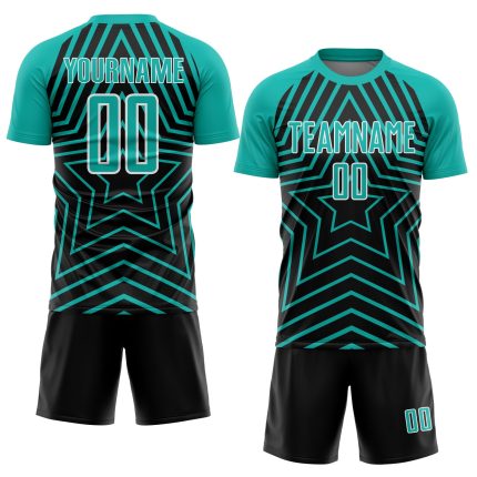 Personalized Soccer Jersey with Custom Name and Number, Black Aqua-White Stars Sublimation Team Uniform Personalized Black