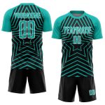 Personalized Black Aqua White Stars Soccer Jersey Uniform - Custom Sublimation Design Personalized Black Aqua-White Stars